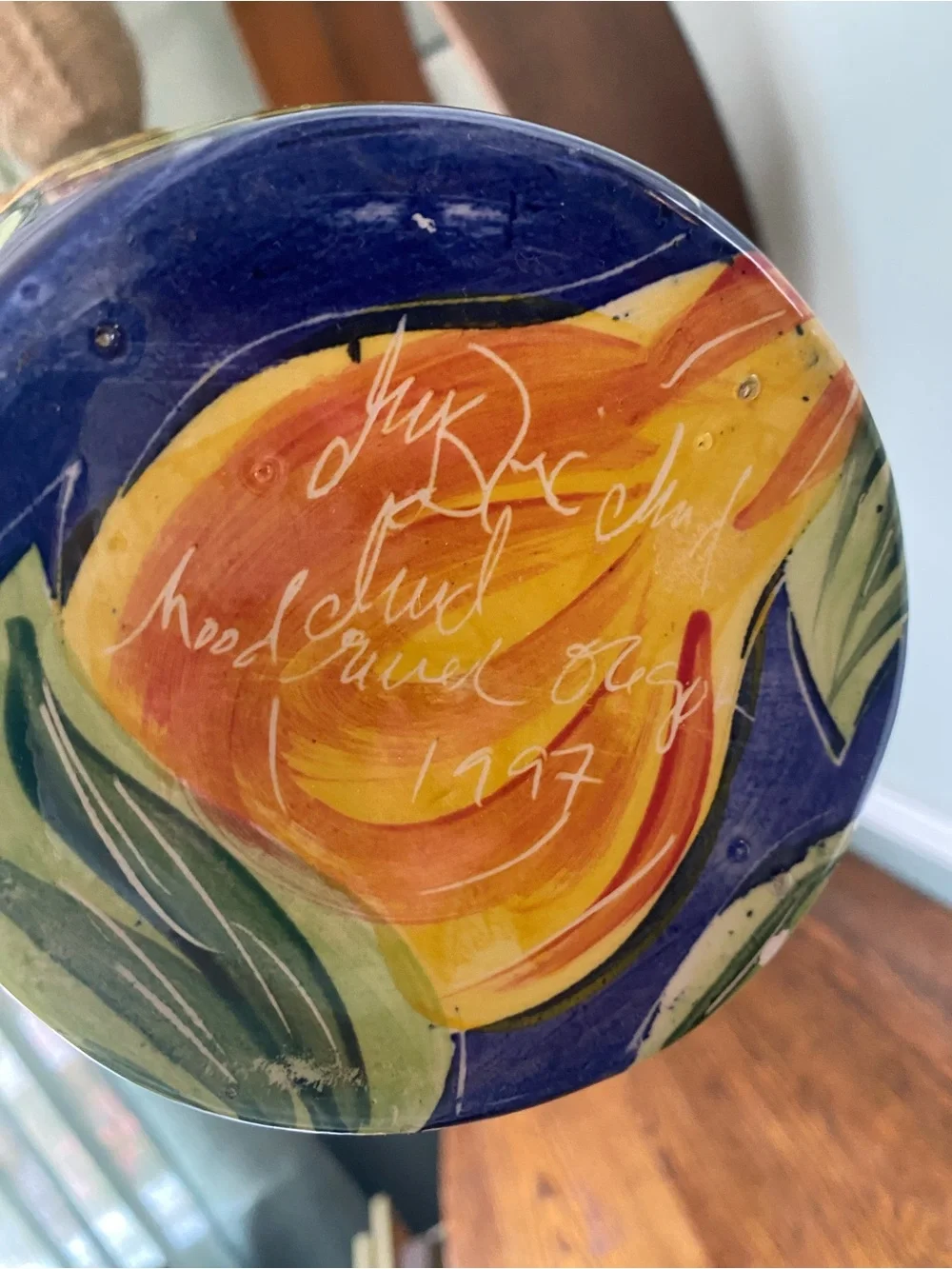 Vintage 90s Large Hand Painted Ceramic Vase / Jug Fruit Motif Blue Orange